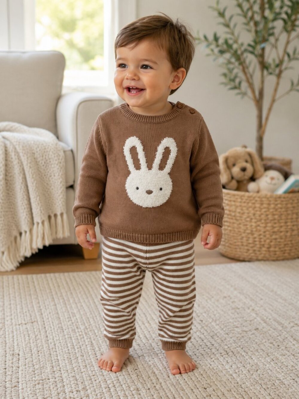 NWT Carter's Toddler Boy Bunny Sweater Set Size 18 Months Brown Knit Outfit